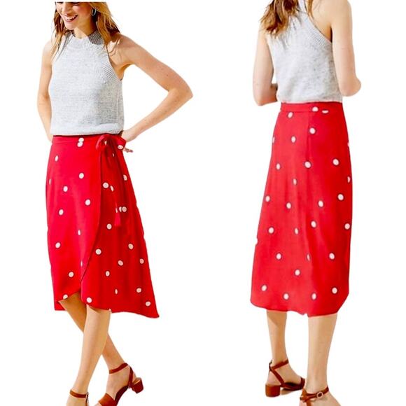 LOFT Women's Red & White Polka Dot Wrap Tie Waist Midi Skirt Size 8 - Picture 10 of 10